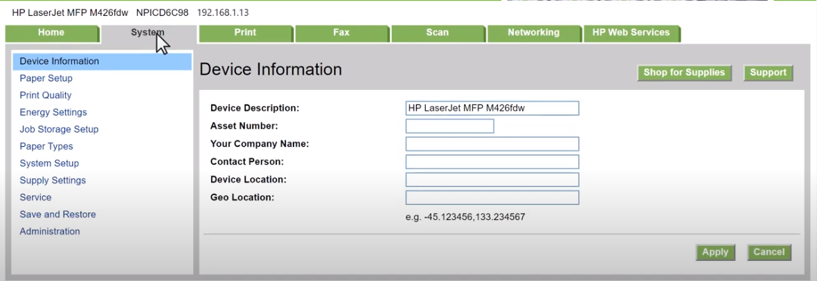 В программе HP Device ToolBox перейдите на вкладку "Обслуживание" или "System"