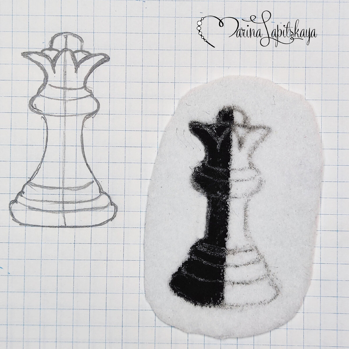 Шаблон. Переносим рисунок на фетр, тонируем одну половину черной краской