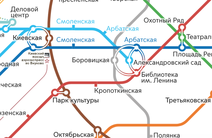 Схема Московского метро с одинаковыми названиями станций на двух линиях. Фрагмент с официального сайта столичного метрополитена.