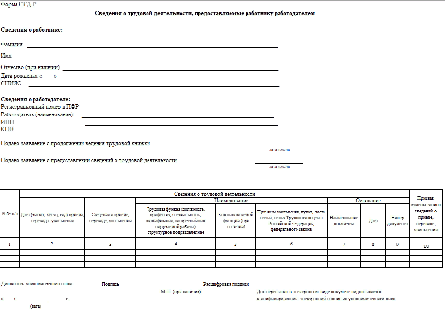 Стдр р это. Форма СТД-Р. Форма СТД-Р образец. Сведения о трудовой деятельности по форме СТД-Р.
