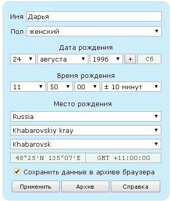 Пример заполнения натальной карты