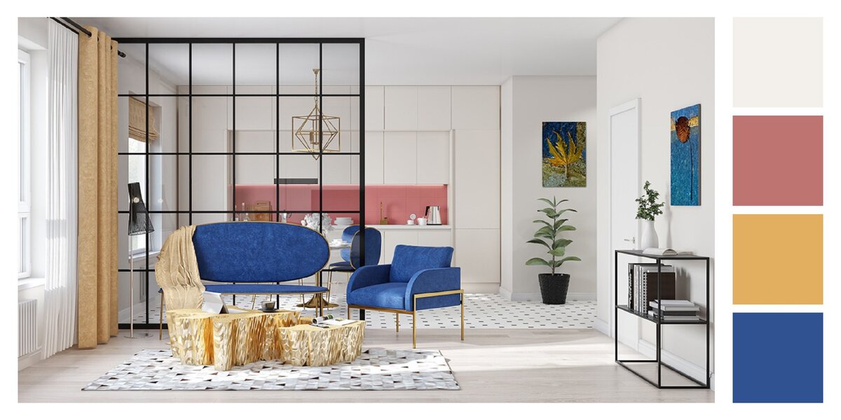 Дизайн-проект Flect №25. Вид из гостиной на кухню