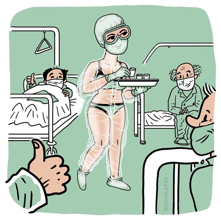 https://tula.mk.ru/social/2020/05/21/medsestra-v-bikini-stala-geroiney-memov-publikuem-samye-smeshnye.html
Фото тульской медсестры (выше) в прозрачном костюме облетело весь интернет и стало вирусным. Руководитель бренда нижнего белья Miss X Анастасия Якушева заявила, что их компания готова заключить с девушкой контракт.
Образ девушки вдохновил сразу нескольких художников схватиться за планшеты для рисования. Орловский дизайнер Захар Яшин нарисовал медсестру в окружении довольных пациентов.