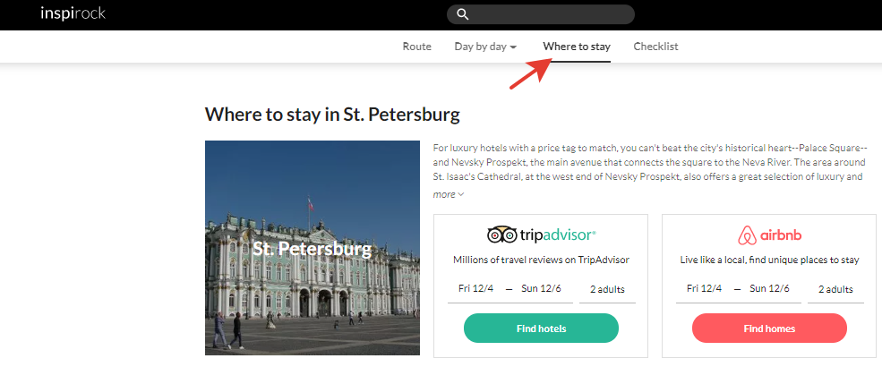 Во вкладке "Where to stay" сервис предложит вам забронировать отель или квартиру на сайтах-партнерах. Бронь автоматически подгрузиться в чек-лист вашей поездки.