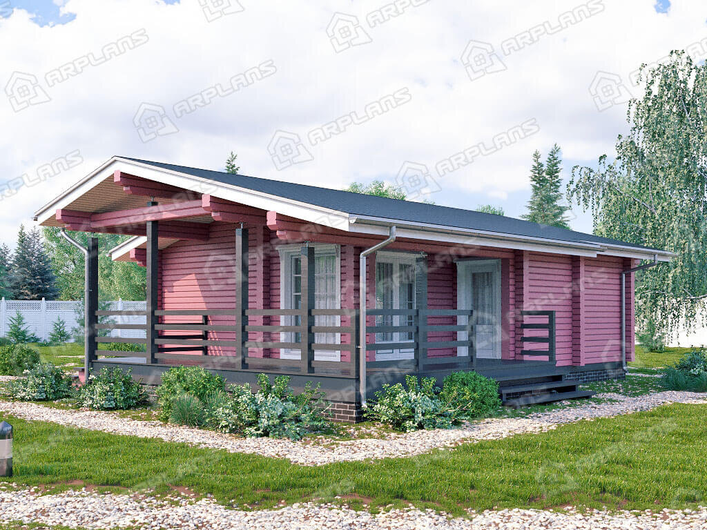 Фото 1 одноэтажного дома из бруса с 1 спальней и террасой. 50 кв м. Источник arplans.ru Проект ДС-064