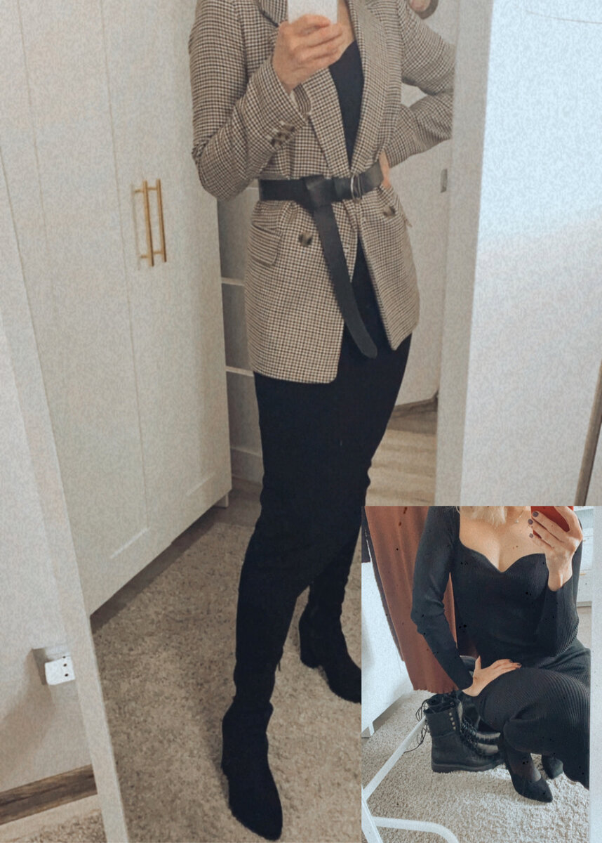 Платье Mango, жакет H&M, ботфорты Tervolina.