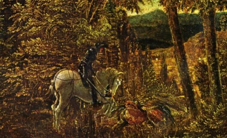 Альбрехт Альтдорфер "Святой Георгий в лесу", 1510.  Старая Пинакотека, Мюнхен. Фрагмент