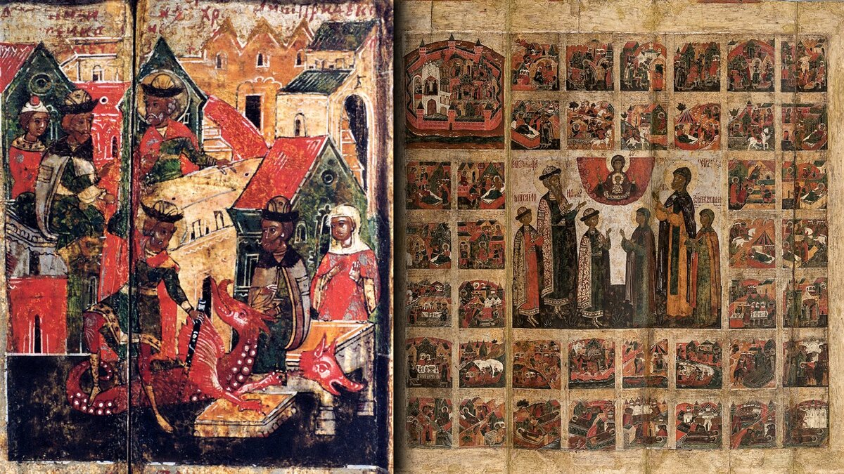 Икона жития Петра и Февронии (слева Петр отрубает голову змею).