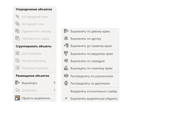 Контекстные меню редактирования расположения объектов на слайде