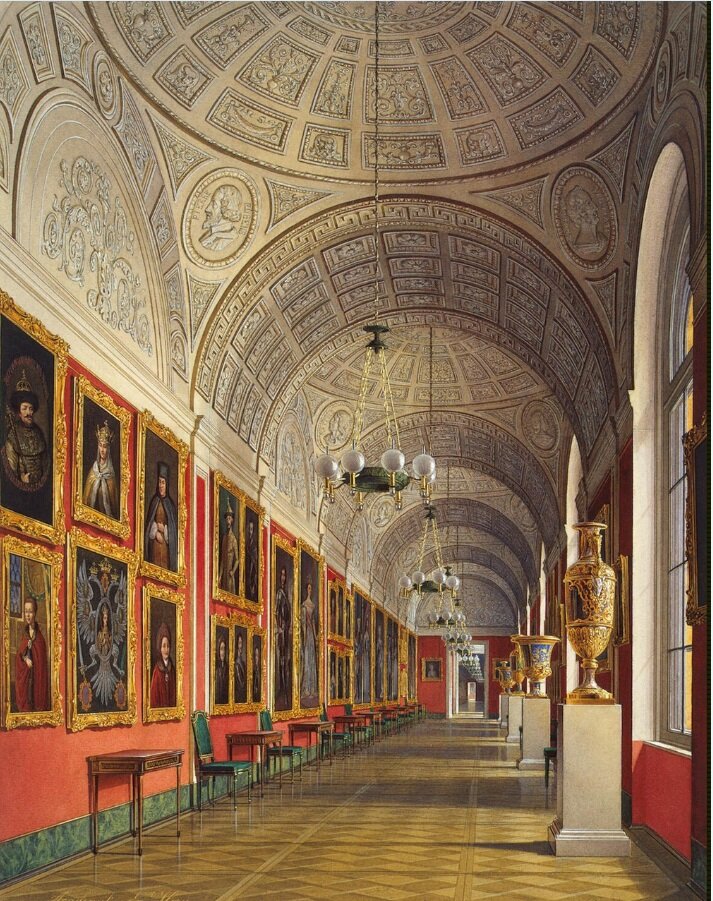 Акварель Э. Гау "Северная часть Романовской галереи" 1861 год - так выглядела галерея Дома Романовых в Малом Эрмитаже