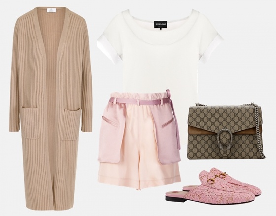   Кардиган ALLUDE Топ GIORGIO ARMANI Сумка GUCCI Шорты VALENTINO Слиперы GUCCI   