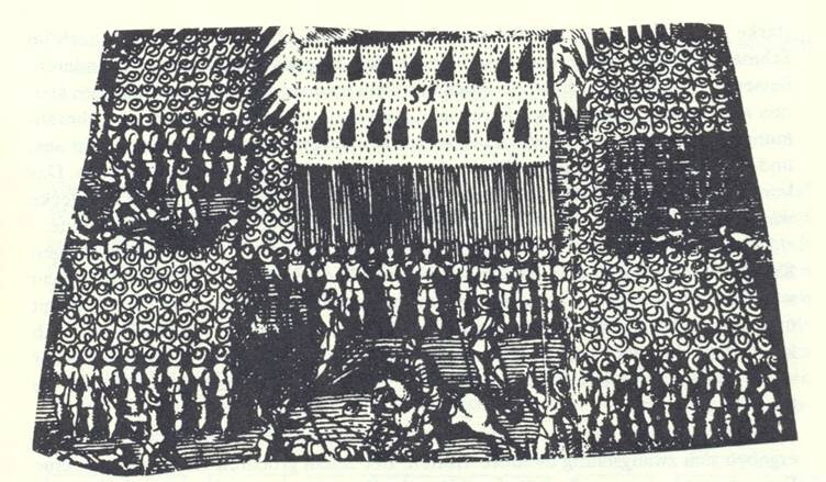 Пример сложного построения: "терция", построение испанской армии в 15-16 веках. Пикинеры в центре, стрелки с ранними ружьями - по углам. Если противник атакует в рукопашную, то стрелки отходят под защиту копейщиков. Терции устарели после того, как развитие ружей позволило снабдить их штыками. Тогда повсеместное распространение получили пехотные каре (стрелки ведут огонь, а при приближении врага ощетиниваются штыками). (Source: Wiki)