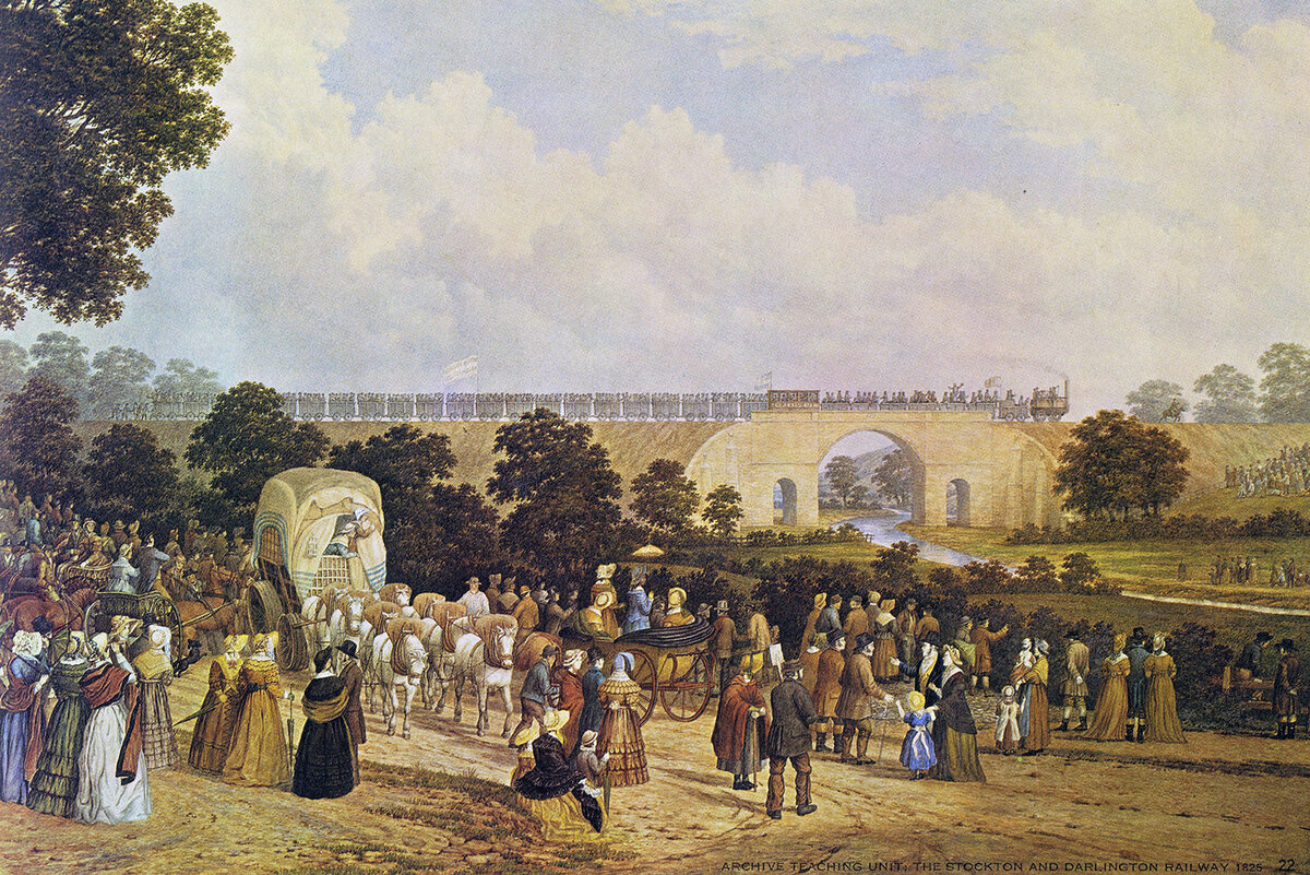 Открытие железной дороги Стоктон - Дарлингтон. Автор: John Dobbin - 1. Painting held by the National Railway Museum, York2. heritage.stockton.gov.uk, Общественное достояние, https://commons.wikimedia.org/w/index.php?curid=2306190