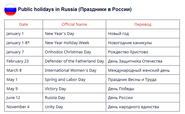 Holidays there are eight public holidays составьте план