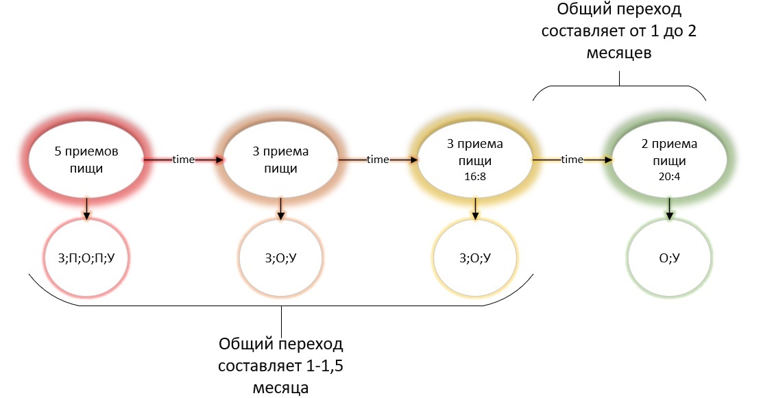 З-завтрак; П-перекус; О-обед; У-ужин; time-время перехода от одного режима к другому.