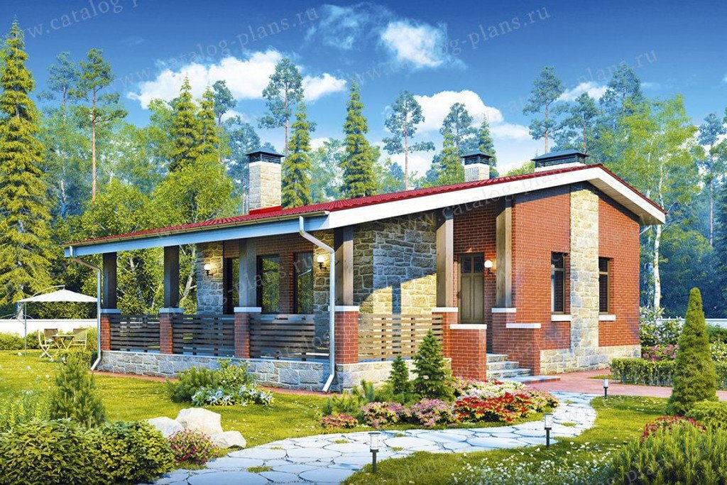 48-19 - Проект одноэтажного кирпичного дома с террасой