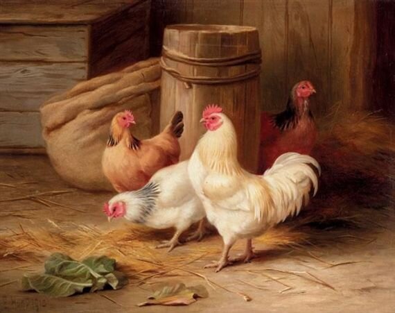 Edgar Hunt (English, 1876-1953) - Cockerel and chickens, 1913