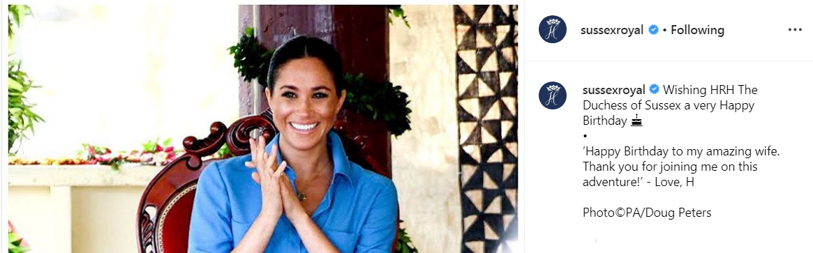 Cкриншот из Инстаграм -аккаунта герцогов Сассекских https://www.instagram.com/p/B0u59igFbIM/