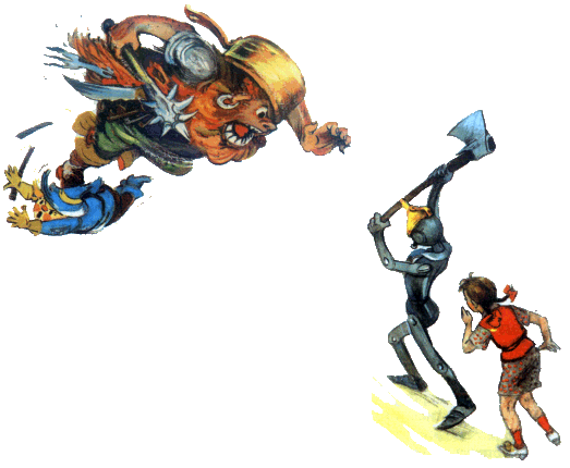 Людоед не успел опомниться, как к нему сзади подскочил Железный Дровосек, поднял огромный острый топор и разрубил людоеда пополам вместе с кастрюлей.