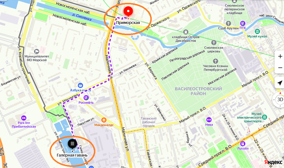 Пешая прогулка от метро «Приморская» до Галерной гавани займёт 25-30 минут