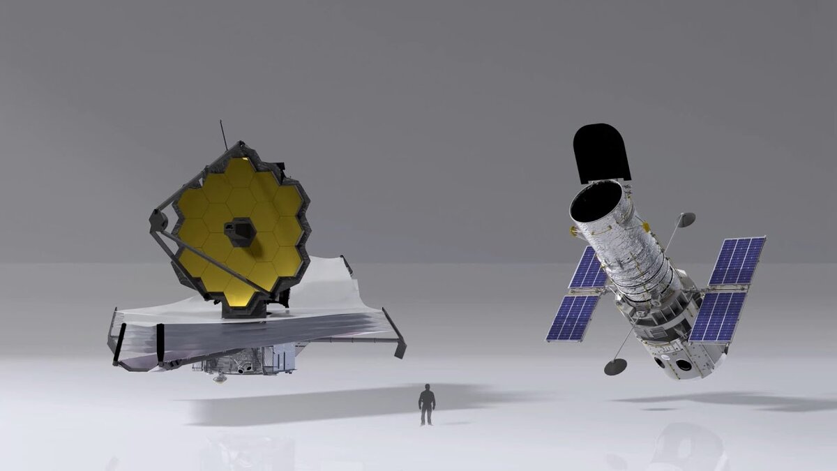 Современные телескопы "Джеймс Уэбб" (слева) и "Хаббл" (справа) в сравнении с человеком