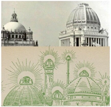 Рисунок Денслоу, наложенный на фотографию павильонов Всемирной колумбийской выставки в Чикаго.