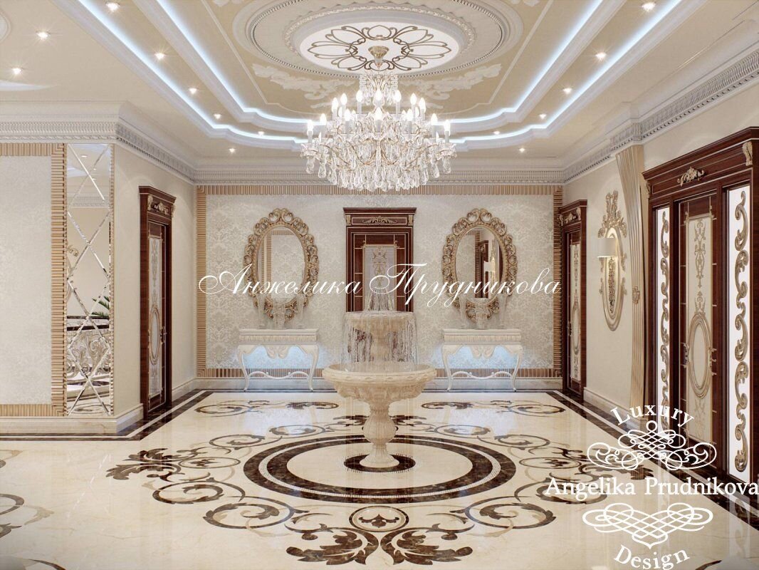 На фото: Фонтан в интерьере холла в стиле классицизм