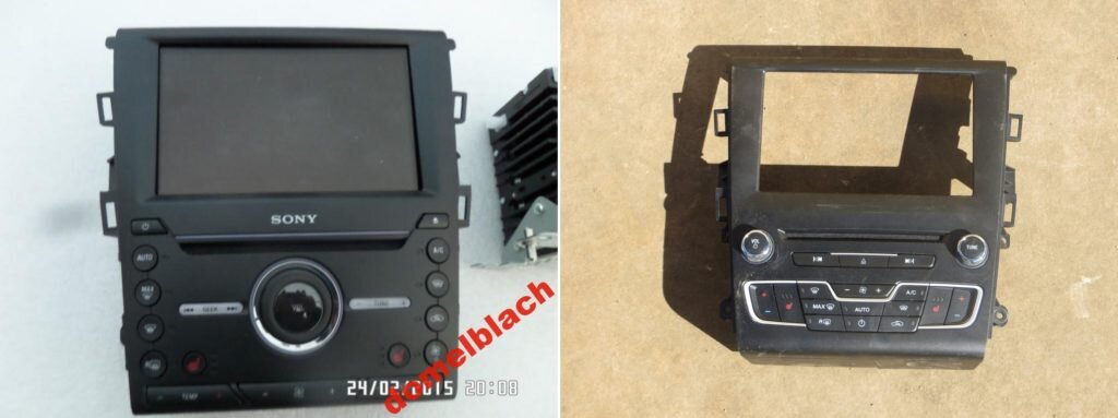 Рамка магнитолы. По совместительству – модуль управления климат-контролем. Я покупал в Польше на разборке.  
 [caption id="attachment_772" align="alignright" width="840"] Слева панель Sony - такие панели устанавливаются на машины Российской сборки. Справа средний вариант панели для Европы и США[/caption]  
 Finis оригинальной панели Sony - 1910974. Один из инженерных номеров FS7T-18E245-BAB — здесь нужно быть внимательными, потому что под кодом FS7T-18E245-*** могут быть и панели от Fusion. Текущая цена этой панельки (новой) в Москве под заказ порядка 30 тысяч рублей.
 