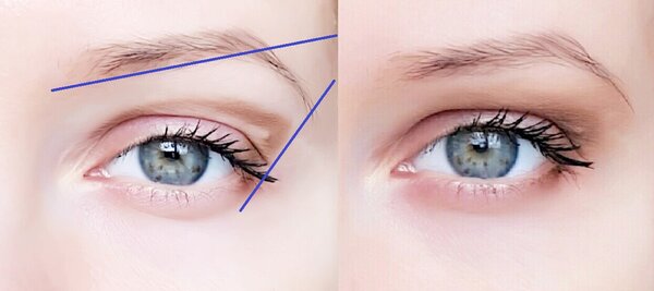 Демонстрация направления линии от внешнего уголка глаза