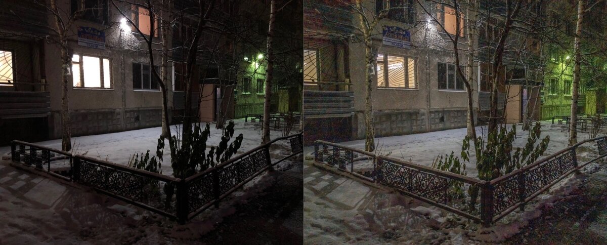 Слева стандартное приложение «Камера», справа Lightroom