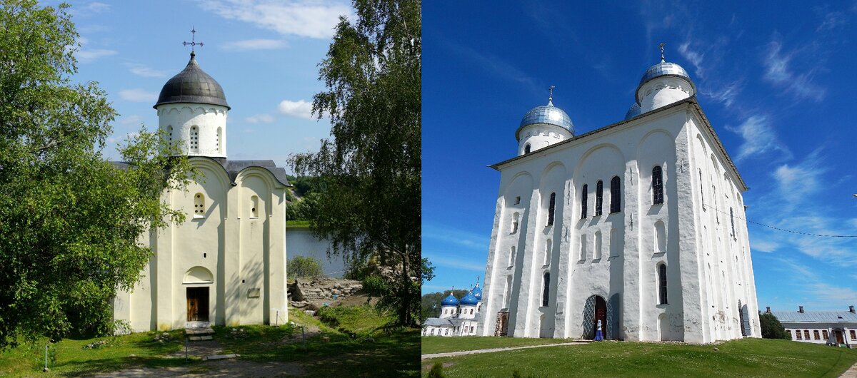Слева — Георгиевская церковь в Старой Ладоге (XII в.). Справа — Георгиевский собор Юрьева монастыря в Великом Новгороде (XII в.).