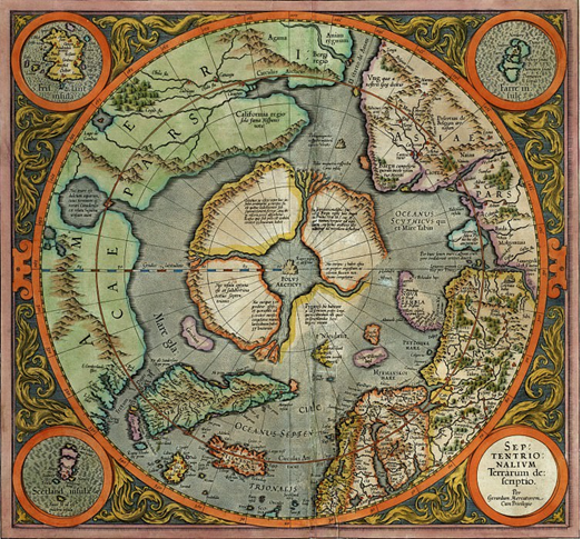 Карта Меркатора около 1595 г. Меркатор, Герард – Первая карта Северного полюса, 1569 (Публикация Хендрика Хондиуса 1606 года). Высокое разрешение - см. пункт 2 внизу статьи.