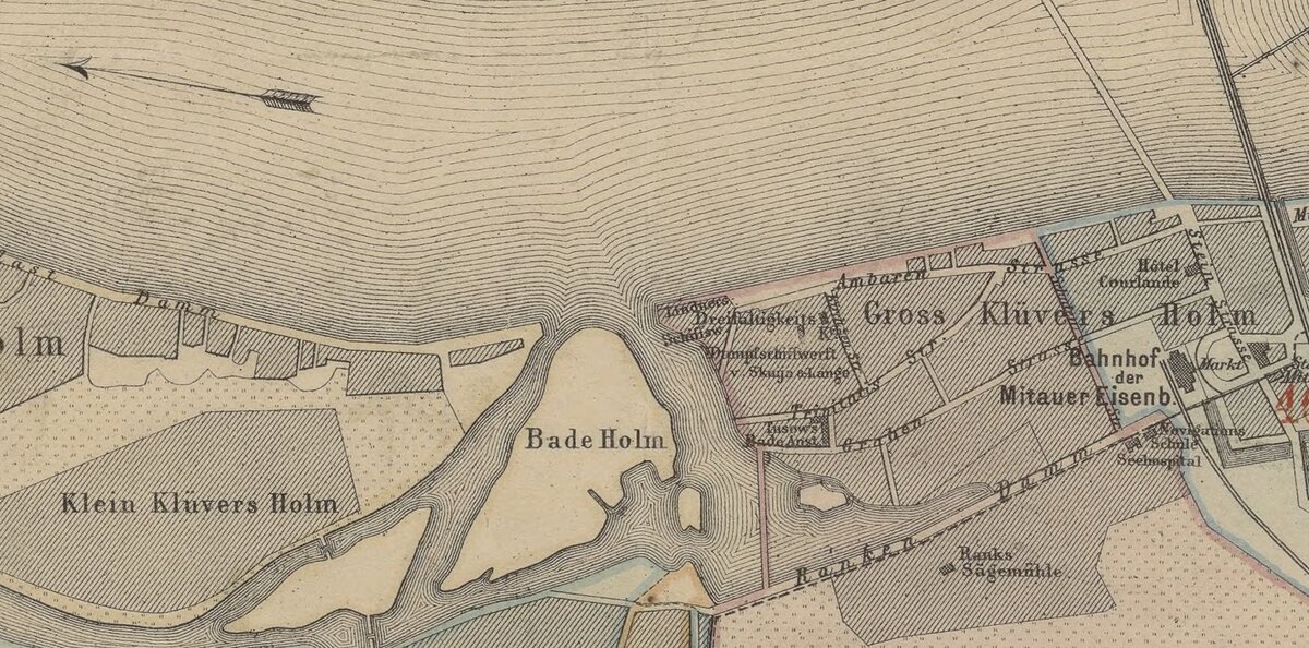 В 1876 году один из маленьких островков между современными Кипсалой (Кляйн Клюверс гольм) и Кливерсалой (Гросс Клюверс гольм) носил название «Бадегольм», т.е. «остров для купания». Это свидетельство того, что купальня существовала здесь длительное время. Фрагмент карты 1876 года. LNB