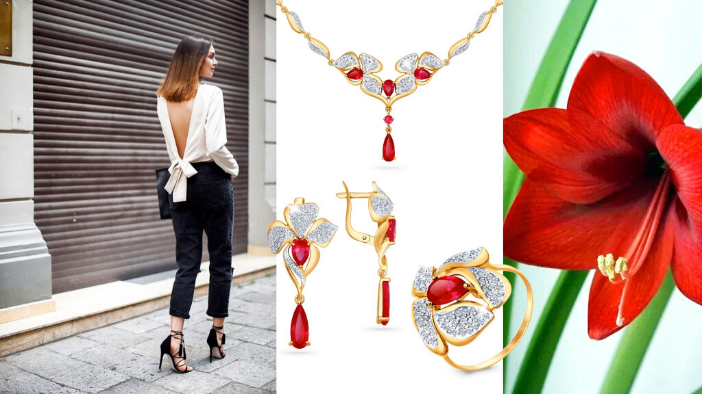 Колье, серьги и кольцо из красного золота с фианитами и корундами рубиновыми (синт.)
