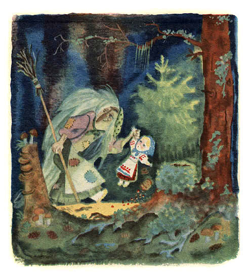 А в это время шла мимо Баба Яга, костяная нога. Увидела она Нюрочку-девчурочку, схватила её и потащила в свою избушку на курьих ножках.