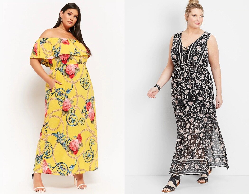 Длинное платье с открытыми плечами для полных и платье на широких бретелях