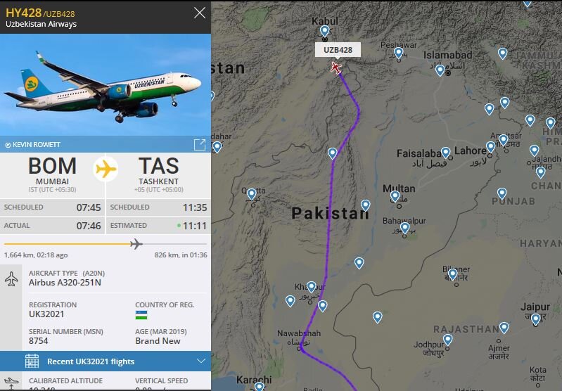 рейс HY428 Мумбай - Ташкент авиакомпании Uzbekistan Airways в небе над Пакистаном