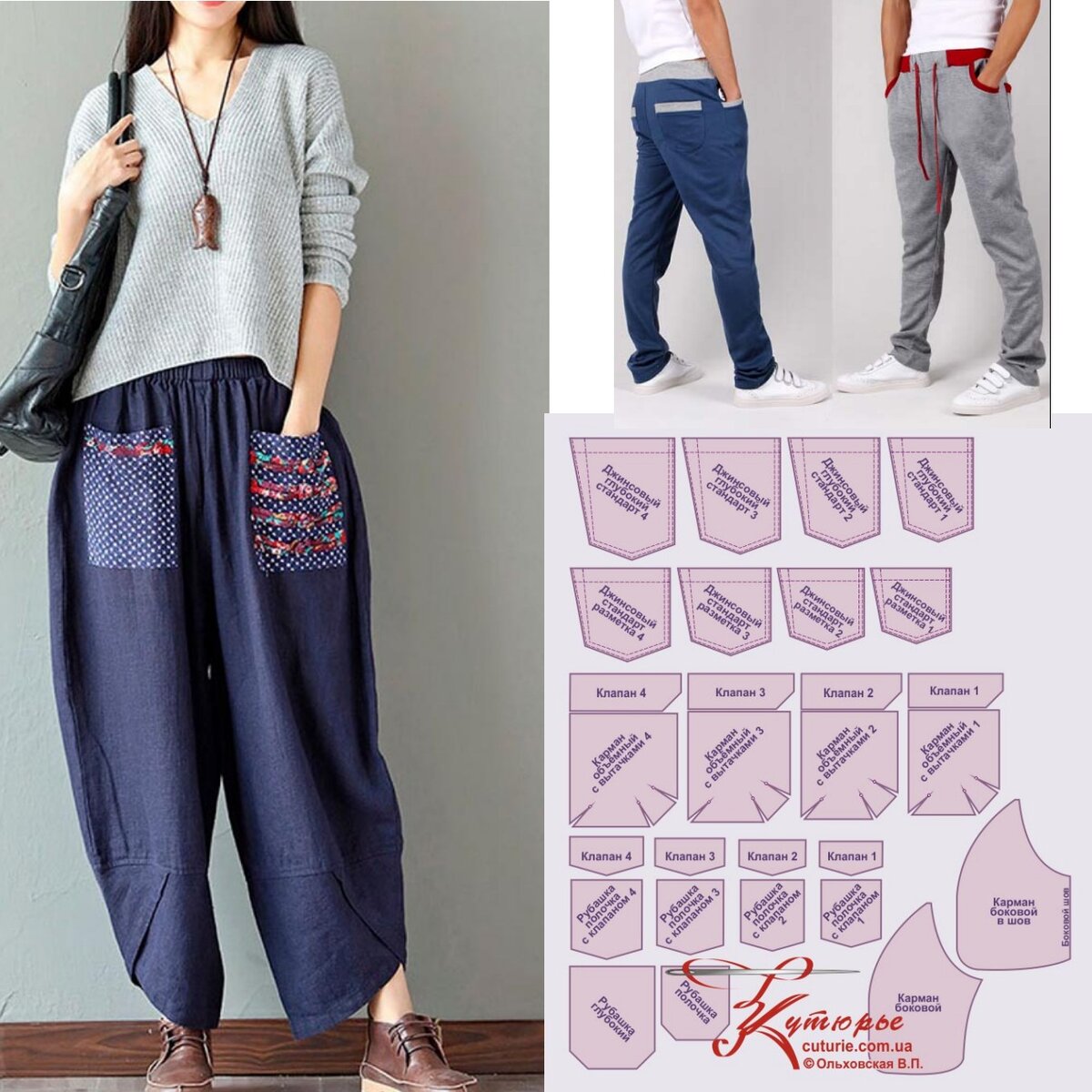 Фото брюк бохо и брюк мужских спортивных с накладными карманами