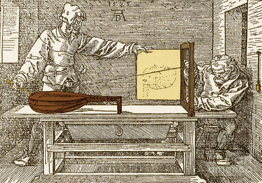 Гравюра Альбрехта Дюрера, на которой изображен процесс рисования лютни через сетку (фото из интернета)