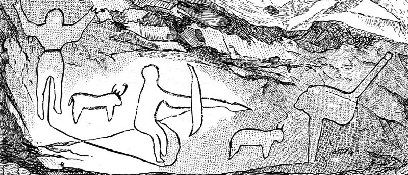 Наскальный рисунок (Северная Африка). Женщина гонит мужчину добывать ресурсы.