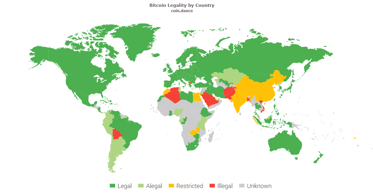 Карта легальности криптовалют, на примере bitcoin. Данные по состоянию на 04 февраля. Информация об изменении отношения Индии к криптовалюте еще не была внесена. Источник: CoinDance