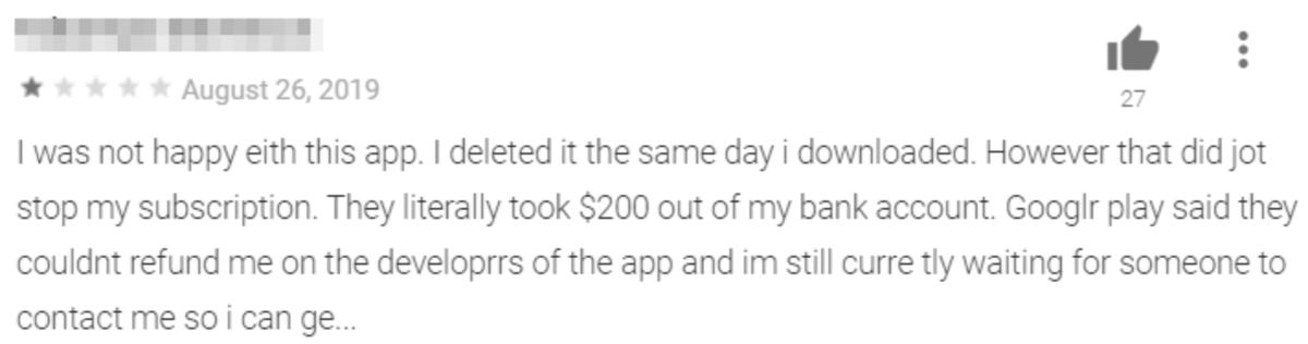 Скриншот жалобы в Google Play на списанные $200 за приложение 