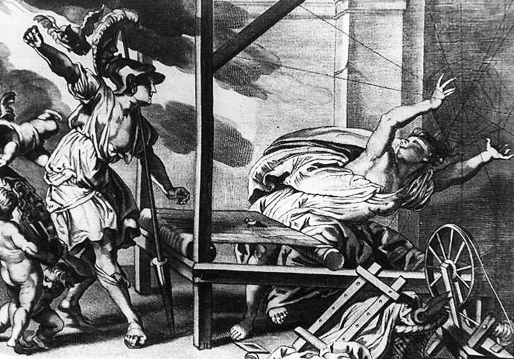 Афина поражает Арахну. Гравюра из Метаморфоз Овидия, ок. 1677