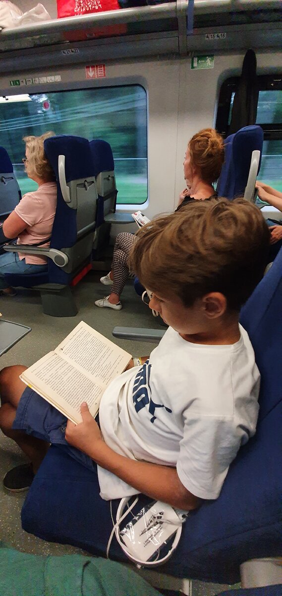 Тихон читает книгу из заданий на лето