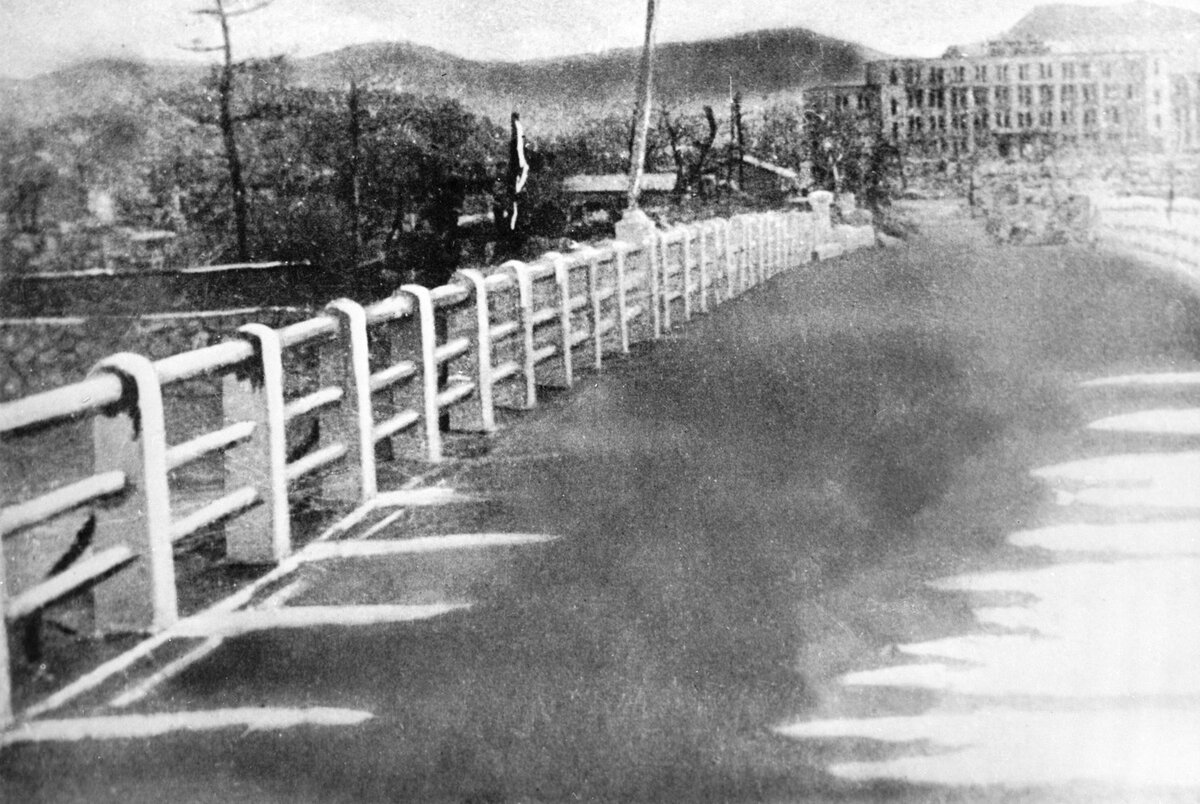 Это случилось в Хиросиме 6 августа 1945 года. Девять человек шли по мосту. Мы никогда не узнаем, куда они шли. Мы никогда не узнаем.  Эти люди сгорели, испарились, растаяли в воздухе. Вспышка смертоносного света отпечатала их тени. Остались лишь тени на мосту ... [1]
