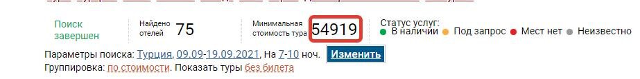 Цены туров в сентябре по данным агрегатора saletur.ru. Минимальная стоимость — 54 919 рублей