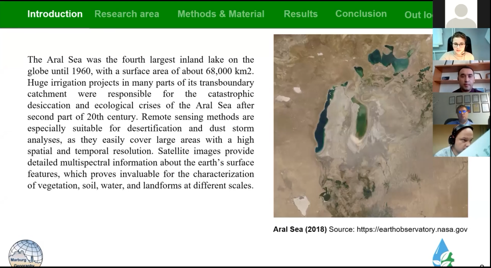 Доклад на конференции DiEarth 2021. Тема доклада: "Land cover-adjusted index for the former Aral Sea using Landsat images".  Докладчик: Aslanov Ilhomjon, PhD, Ташкентский институт инженеров ирригации и механизации сельского хозяйства (г. Ташкент, Узбекистан).