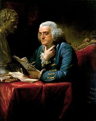 Портрет Бенджамина Франклина кисти Дэвида Мартина, 1767 год, хранится в Белом доме, Вашингтон