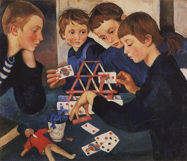З.Серебрякова, «Карточный домик», 1919 г. Какая-то безысходность, нет улыбок, нет оживленной детской возни, только молчание, стеклянные взгляды и карточный домик, который чуть тронь и рухнет...