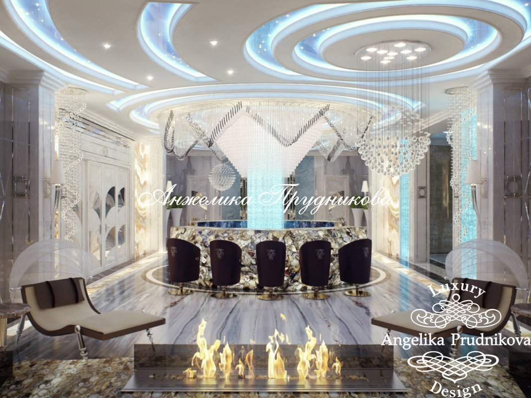 На фото: Кухонный гарнитур с отделкой подсвеченным ониксом